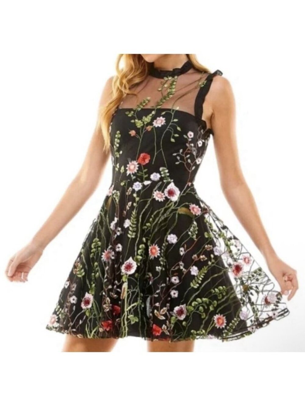 City Studio Women’s Black Floral Embroidered Fit & Flare Dress Size 1